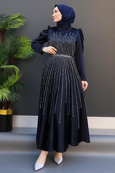 GİZ AGİYİM Sun Hijab Evening Dress Navy Blue