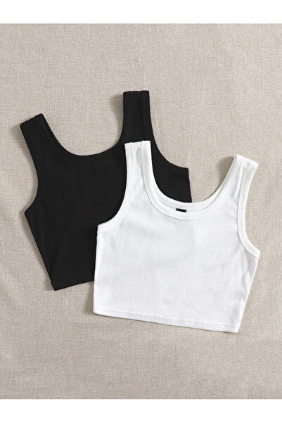 Richarlison Kadın Siyah Beyaz 2'Li Paket Fitilli Askılı Crop Top Bluz