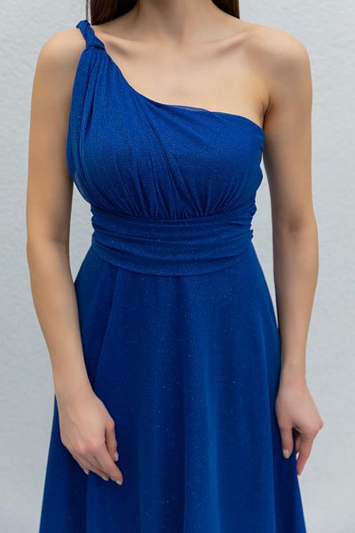lovebox Gefütterter, glänzender Glitzerstoff, asymmetrischer One-Shoulder-Kragen, Maxi-Länge, Saks-Blaues Abendkleid 38995