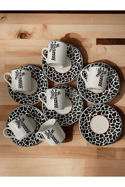 Artistic Quality Decorative Stylish Design Black and White Giraffe Motif Coffee Cup Set for 6 People
