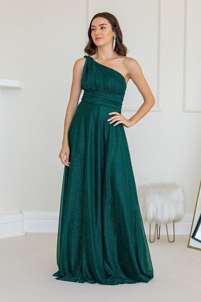 lovebox Lined Shiny Glitter Fabric One Shoulder Asymmetric Collar Maxi Length Emerald Green Evening Dress 38995
