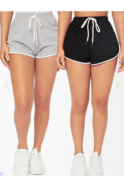 BETİLİNA Gray - Black 2-Piece Set Combed Cotton Slit Drawstring Mini Shorts