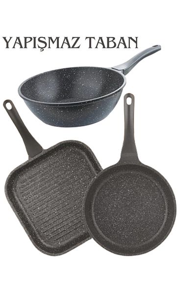 ThermoAD Granite Wok Pan + 2-Piece Frapan Square Pan Set (28 Cm Grill, 26cm) - Gray