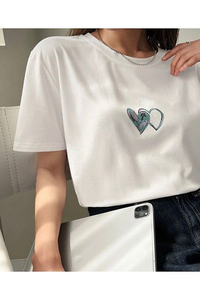 OLCMODA Tricou oversize, alb, cu inimă dublă, imprimat