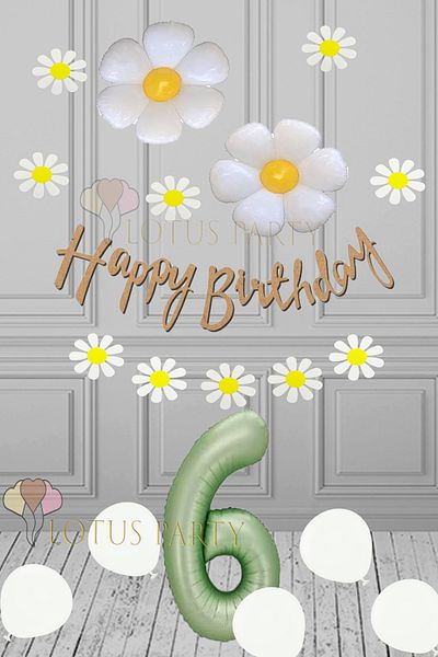 LOTUS PARTY 6 Year Old Birthday Party Set - Daisy Foil Balloon, Daisy Banner, Green Number Foil Balloon