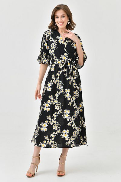 WOMAN VISION Rochie de damă din țesătură elastică din viscoză, cu imprimeu cu margarete, cu fantă laterală, cu lungime midi 098