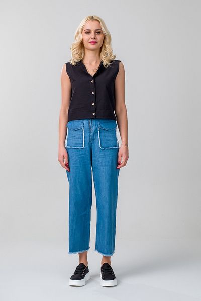 Bold & Young Women's indigo Color Flap Pocket Filthy Stitching Wide Leg Elastic Waist Thin Jeans