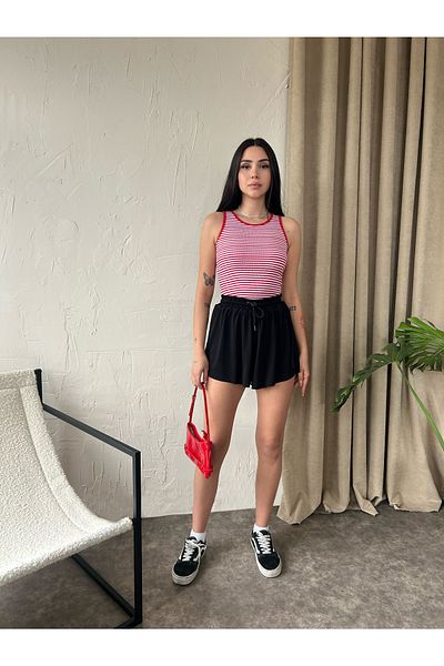 Fav Style Women's Halter Neck Striped Sleeveless Camisole Knitted Corded Crop Blouse Red