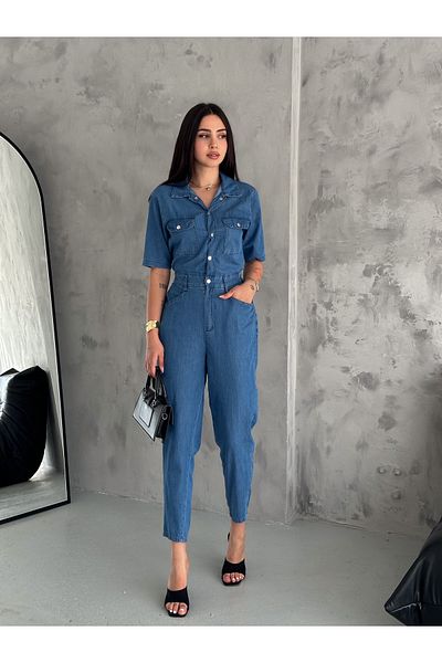efstyle Short Sleeve Snap Mom Jeans Jumpsuit