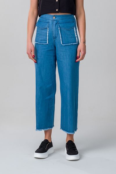Bold & Young Women's indigo Color Flap Pocket Filthy Stitching Wide Leg Elastic Waist Thin Jeans