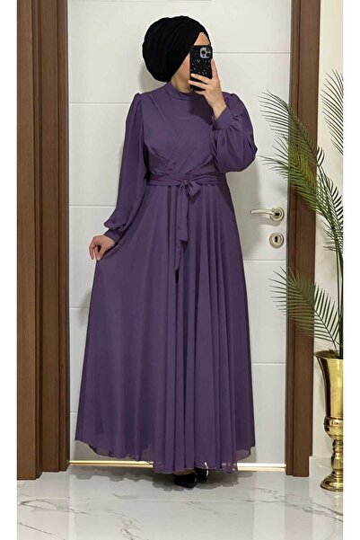 masalabiyem 4105 K100 LİLA ÖNÜ DRAPELİ ŞİFON ELBİSE