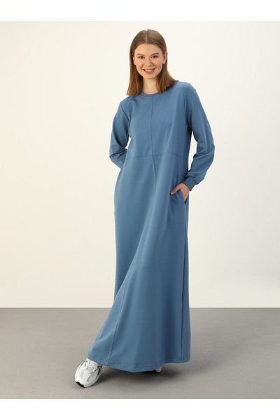 Benin Cotton Stitching Detailed Benin Hijab Dress - Indigo- Benin