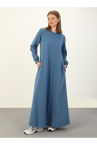 Benin Cotton Stitching Detailed Benin Hijab Dress - Indigo- Benin