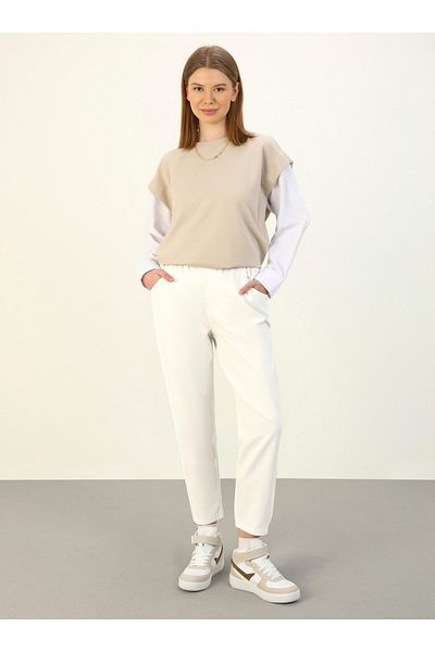 Benin Comfortable Carrot Denim Trousers with Elastic Waist - White - Benin