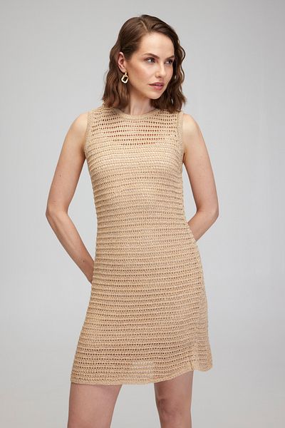 BROOKS BROTHERS Γυναικείο πλεκτό φόρεμα σε μπεζ U λαιμό Glitter με λεπτομέρειες