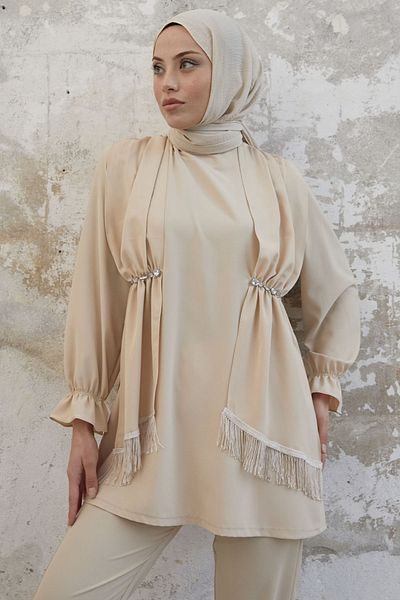 InStyle Φούντα Λεπτομέρεια Jeweled Crepe Set - Μπεζ