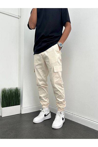 Gambocci Men's Cream Cargo Pocket Elastic Leg Jogger Pants