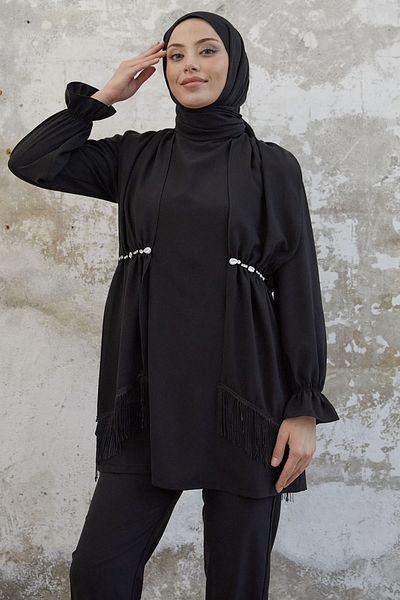 InStyle Φούντα Λεπτομέρεια Jeweled Crepe Set - Μαύρο
