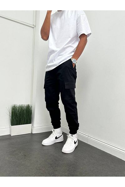 Gambocci Men's Black Cargo Pocket Elastic Leg Jogger Pants