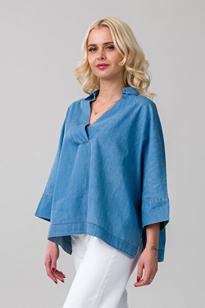 Bold & Young Жіноча сорочка з коміром, комір індіго-синій, манжети на рукавах, тонкий джинсовий матеріал