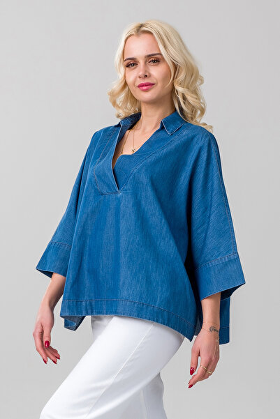 Bold & Young Жіноча сорочка з коміром, комір індіго-синій, манжети на рукавах, тонкий джинсовий матеріал
