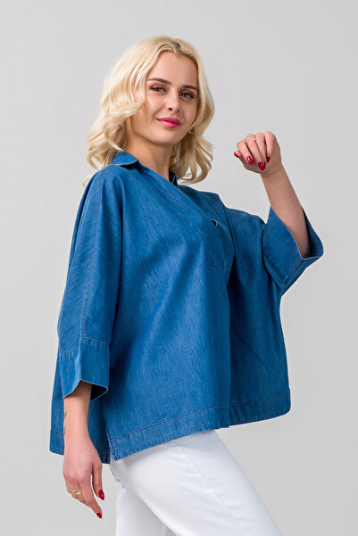 Bold & Young Жіноча сорочка з коміром, комір індіго-синій, манжети на рукавах, тонкий джинсовий матеріал