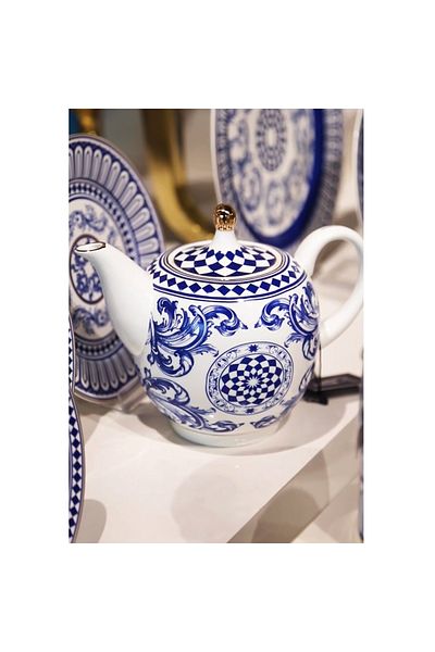 Lucky Art Aurora Bone - 800 ml Blue and White Baroque Patterned Tea Pot Porcelain
