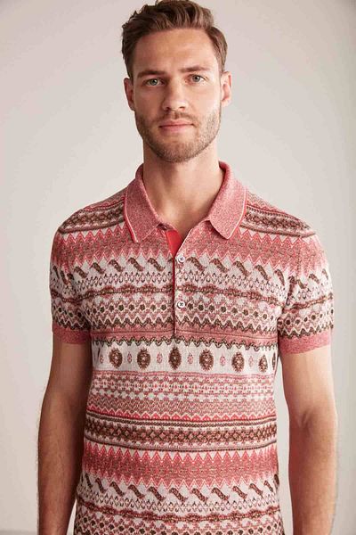 Hemington Linen Cotton Blend Ethnic Patterned Khaki-Burgundy Knitwear Polo