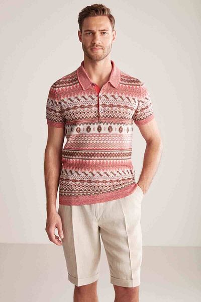 Hemington Linen Cotton Blend Ethnic Patterned Khaki-Burgundy Knitwear Polo