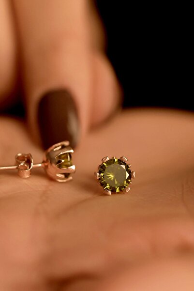 Erdobia Ağustos Peridot Doğum Taşı Rose Tektaş Çivili Gümüş Küpe