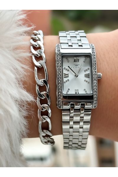 FERRO Rectangular Case, Silver Color, Steel Strap Wristwatch+Bracelet