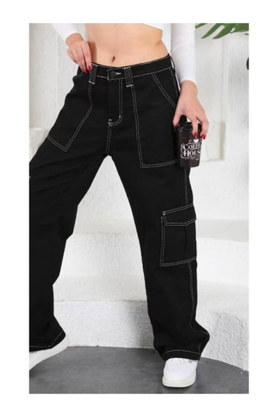 DUBAİ ÇOCUK Kargo Cepli Kot Denim Ters Dikişli Siyah Kız Çocuk Pantolon Bol