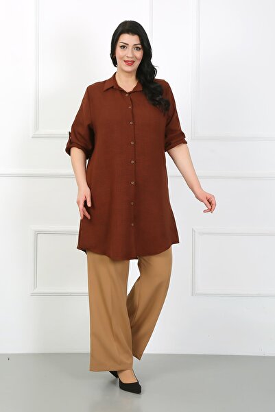 By Alba Collection Women's Tan Soft Linen Large Size Tunic