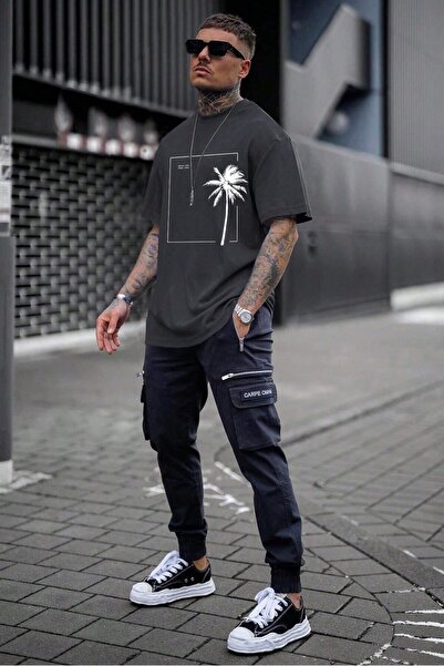 MODAGEN Tricou pentru bărbați, antracit, cu decolteu triplu, imprimat cu palme