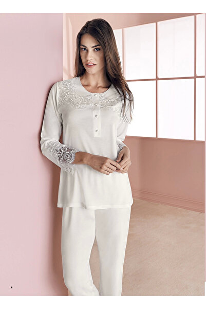 Güya Tekstil Espuar 757 Combed Cotton 3-Piece Pajama Set - Ecru - L