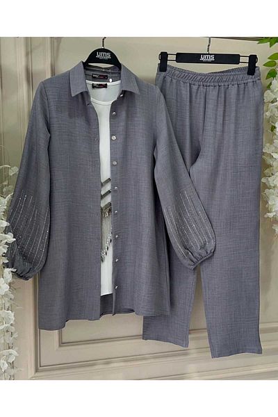UMS HELEN RIBBON STONED LINEN SET