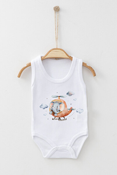 ADABEBEK Elephant Detailed Helicopter Printed Strap Snap-On Bodysuit