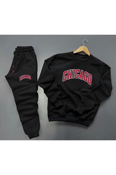 WEARTEX Tracksuit Set Unisex ŞIKAGO Printed Sweatshirt-Cotton Winter Tracksuit Set Set of 2 Set