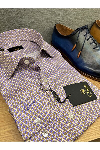 Chamis SlimFit Lila-Kahve Desenli Saten İtalyan Yaka Gömlek