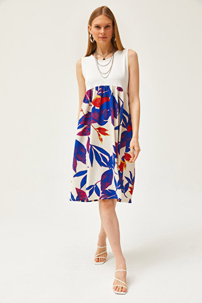 Olalook Γυναικείο πλεκτό φόρεμα εκρού σακς μπλε κρύσταλλο με σχέδιο ELB-19002107