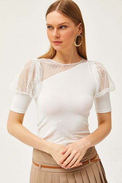 Olalook Women's Ecru Lace Tulle Garnished Knitted Blouse BLZ-19002572