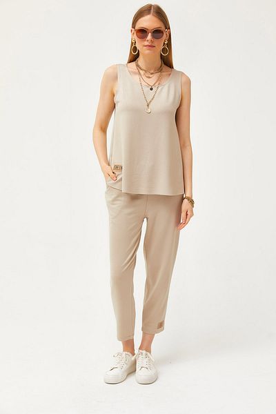 Olalook Damen-Anzug aus Stein, ärmellos, lockere Bluse unten oben, Kristall, TKM-19000271