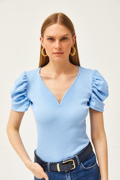 Olalook Γυναικεία Baby Blue V Βαμβακερή μπλούζα με λεπτομέρεια Princess Sleeve BLZ-19002296