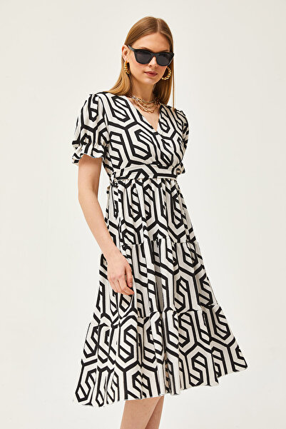 Olalook Dámské černé páskové dvouřadé vzorované šaty ELB-19002103