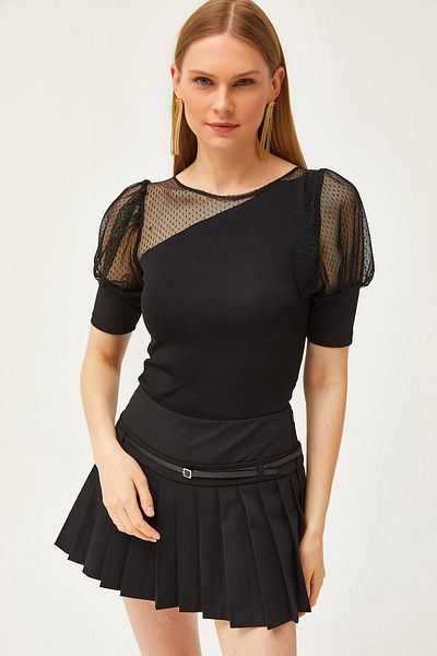 Olalook Women's Black Lace Tulle Garnished Knitted Blouse BLZ-19002572