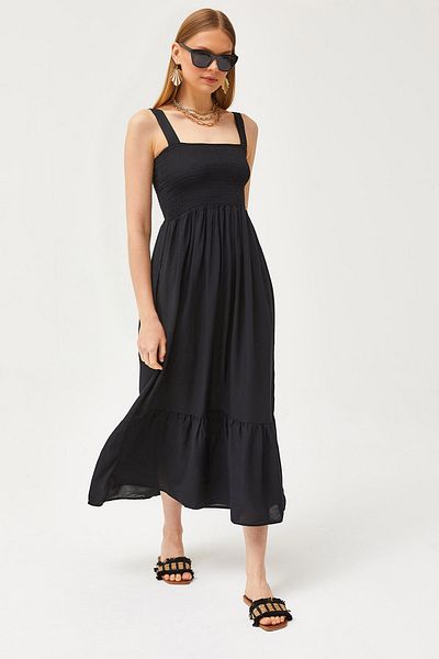 Olalook Damen-Midikleid aus gewebter Viskose mit schwarzen Trägern ELB-19002102