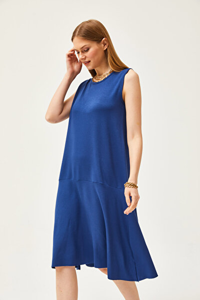 Olalook Marineblaues Damen-Strickkleid mit geteiltem Rock und Kristallen ELB-19002106