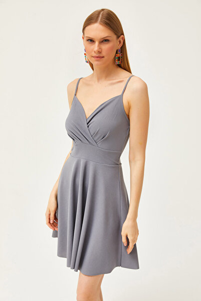 Olalook Γυναικείο φόρεμα γκρι λουράκι με διπλό στήθος με φουσκωτό γιακά AEL-00000004