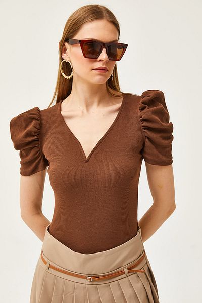 Olalook Γυναικεία Bitter Brown V Βαμβακερή μπλούζα με λεπτομέρειες Princess Sleeve BLZ-19002296