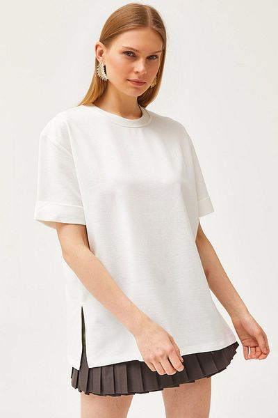 Olalook Tricou supradimensionat alb pentru femei cu mânecă dublă cu fante laterală TSH-19000796